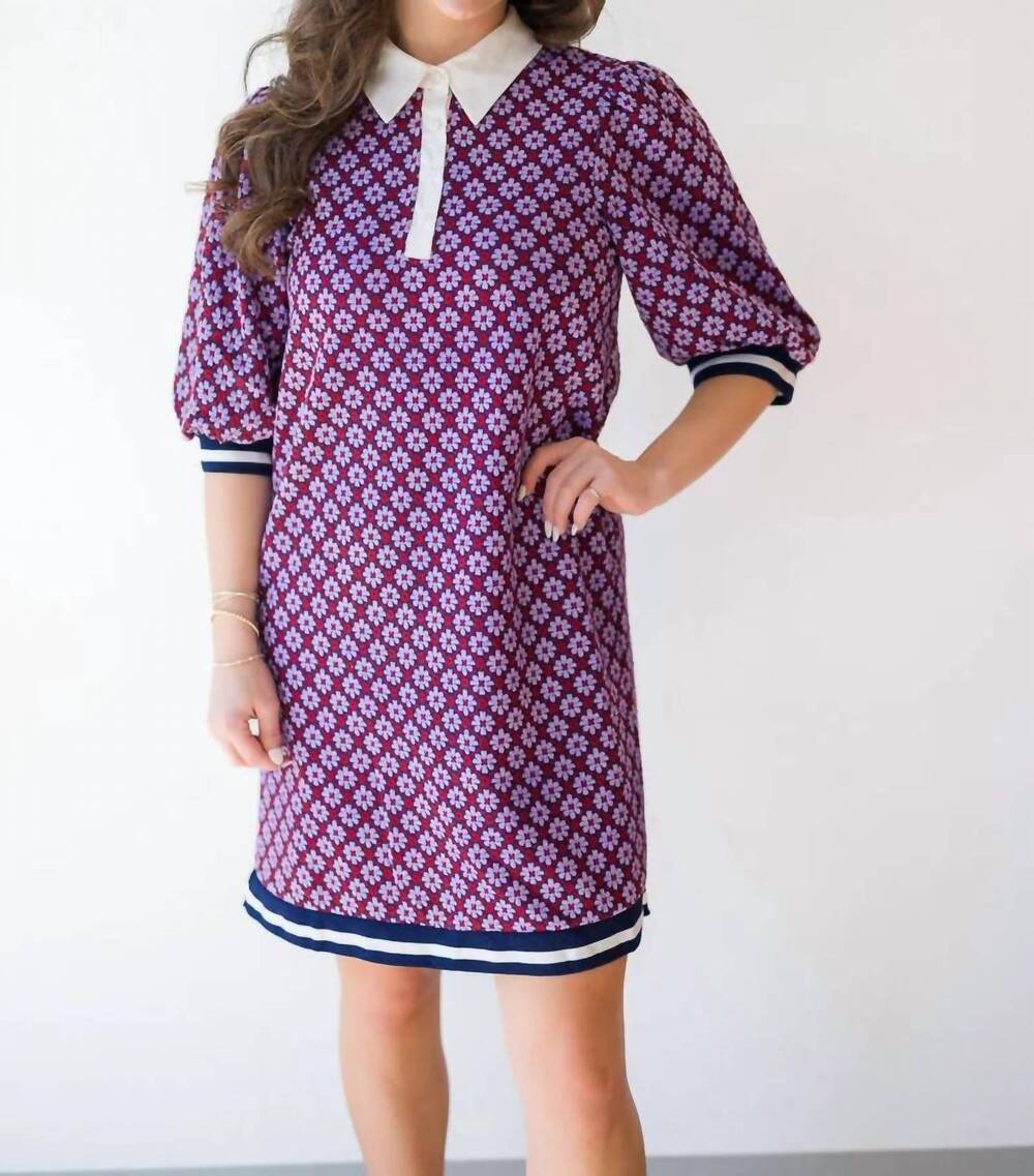 NEW VOY women's poplin contrast collar floral knit dress in red